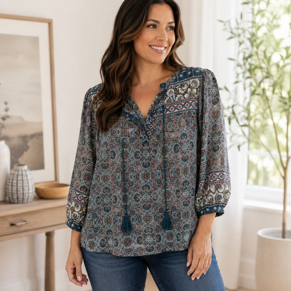 Artesia Boho Paisley Floral Tassel Peasant Teal Blouse Women’s Size L